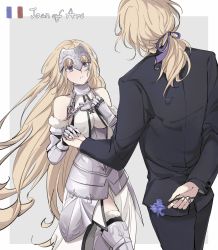 Rule 34 | 1boy, 1girl, arm behind back, armor, armored dress, bare shoulders, black jacket, black pants, black thighhighs, blonde hair, blue flower, breasts, character name, character request, cowboy shot, detached sleeves, dress, dullnoko, fate/grand order, fate (series), flower, france (hetalia), french flag, hair ribbon, headpiece, highres, holding, holding flower, holding hands, jacket, jeanne d&#039;arc (fate), jeanne d&#039;arc (third ascension) (fate), long hair, long sleeves, looking at viewer, low ponytail, medium breasts, pants, parted lips, purple eyes, purple ribbon, ribbon, standing, thighhighs, vambraces, very long hair, white dress