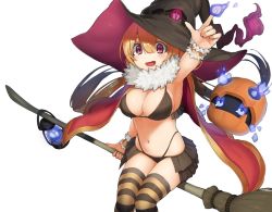 Rule 34 | 1girl, arm up, bikini, black bikini, black hat, blonde hair, blush, breasts, broom, broom riding, cleavage, hat, index finger raised, large breasts, long hair, looking at viewer, navel, open mouth, original, red eyes, seramikku, simple background, sitting, smile, solo, striped clothes, striped thighhighs, swimsuit, thighhighs, white background, witch, witch hat