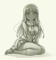 Rule 34 | 1girl, between legs, blunt bangs, blush, closed mouth, commentary request, grey background, greyscale, hair ornament, hairclip, hand between legs, kurosawa dia, loafers, long hair, long sleeves, looking at viewer, love live!, love live! sunshine!!, mole, mole under mouth, monochrome, necktie, pas (paxiti), pleated skirt, school uniform, serafuku, shirt, shoes, simple background, sitting, skirt, smile, socks, solo, spot color