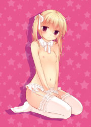 Rule 34 | 1girl, blonde hair, blush, detached collar, flat chest, garter belt, garter straps, hair ribbon, highres, long hair, looking at viewer, nipples, original, red eyes, ribbon, sitting, solo, star (symbol), starry background, thighhighs, twintails, white thighhighs, yukibuster z
