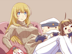 Rule 34 | 10s, 1boy, 2girls, admiral (kancolle), ahoge, alternate costume, atago (kancolle), bismarck (kancolle), blonde hair, blue eyes, blush stickers, c:, cameo, casual, commentary request, controller, cushion, eating, game controller, hairband, hat, holding, ishii hisao, kantai collection, kongou (kancolle), long hair, military, military uniform, multiple girls, naval uniform, peaked cap, playing games, sitting, sweat, sweater, uniform, white hair