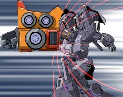 Rule 34 | absurdres, commentary request, company connection, gattai, giant hand, goldymarg, gradient background, grey background, gundam, gundam narrative, highres, mecha, nahoyan, no humans, red eyes, robot, silver bullet suppressor, striped, striped background, sunrise (company), white background, you&#039;re doing it wrong, yuusha ou gaogaigar, yuusha series