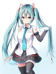 Rule 34 | 1girl, aqua eyes, aqua hair, aqua necktie, bare shoulders, black skirt, black sleeves, black thighhighs, breasts, commentary, cowboy shot, detached sleeves, english commentary, hair ornament, hatsune miku, hatsune miku (vocaloid4), headphones, headset, highres, holding, holding own hair, large breasts, long hair, looking at viewer, necktie, neon lights, pleated skirt, shirt, shoulder tattoo, skirt, sleeveless, sleeveless shirt, smile, sob (submar1089), solo, tattoo, thighhighs, twintails, v-shaped eyebrows, v4x, very long hair, vocaloid, white shirt, zettai ryouiki