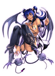 Rule 34 | 1girl, bare shoulders, blue hair, boots, breasts, convenient censoring, covering privates, covering crotch, dark-skinned female, dark skin, demon, demon girl, demon tail, demon wings, earrings, elbow gloves, gloves, highres, homare (fool&#039;s art), jewelry, large breasts, light areolae, long hair, nail polish, necklace, nipples, non-web source, open mouth, original, panties, purple eyes, simple background, solo, tail, underwear, undressing, white background, wings