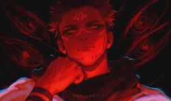 Rule 34 | 1boy, arm tattoo, artist name, artistdkt, clenched hand, closed mouth, commentary, english commentary, extra eyes, facial mark, facial tattoo, forehead mark, frown, hand up, head rest, highres, jujutsu kaisen, looking at viewer, male focus, monochrome, portrait, red theme, ryoumen sukuna (jujutsu kaisen), short hair, solo, spiked hair, tattoo, turtleneck, undercut