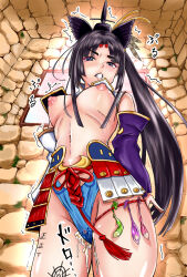 Rule 34 | 1girl, armor, asymmetrical clothes, asymmetrical sleeves, blue eyes, blue panties, blush, body writing, breast curtains, breasts, breasts out, clenched teeth, commentary request, condom, condom belt, cum, cum in pussy, detached sleeves, fate/grand order, fate (series), feather hair ornament, feathers, hair ornament, hat, highres, indoors, japanese armor, kusazuri, long hair, looking at viewer, medium breasts, mismatched sleeves, moss, navel, nipples, open mouth, panties, parted bangs, purple sleeves, shoulder armor, side ponytail, single pantsleg, sode, solo, tally, tally counter, tate eboshi, teeth, tinp0ginginmaru, trembling, underwear, used condom, ushiwakamaru (fate), very long hair, white sleeves