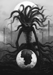 Rule 34 | bloodborne, broken, eldritch abomination, greyscale, highres, house, monochrome, monster, moon, moon presence (bloodborne), no humans, outdoors, solo, tentacles, tripdancer