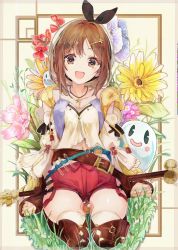Rule 34 | 1girl, :d, absurdres, atelier (series), atelier ryza, atelier ryza 1, black bow, bow, breasts, brown eyes, brown hair, brown thighhighs, cleavage, collarbone, flower, grass, hair bow, hair ornament, hairclip, hat, highres, jewelry, kneeling, leaning back, long sleeves, looking at viewer, medium hair, necklace, open mouth, pink flower, red flower, red shorts, reisalin stout, shirt, short shorts, shorts, small breasts, smile, solo, spaghetti strap, star (symbol), star necklace, tatsukisan, thigh gap, thighhighs, white hat, white shirt, yellow flower
