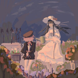Rule 34 | 1boy, 1girl, black hair, black headwear, black jacket, black shorts, black sleeves, blue sky, blunt bangs, bouquet, bow, character request, chinese commentary, collared dress, commentary request, copyright request, dress, faceless, faceless female, feet out of frame, flower, frilled bow, frilled dress, frills, from behind, garden, hat, hat bow, highres, holding, holding behind back, holding bouquet, holding watering can, jacket, long hair, long sleeves, medium dress, military hat, pink bow, pink flower, pink ribbon, purple hair, ribbon, rose bush, short hair, shorts, single shoulder pad, single sidelock, sky, sleeves past elbows, sola0316, watering can, white dress, white headwear, white sleeves