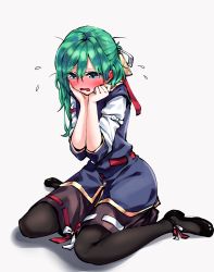 Rule 34 | 1girl, absurdres, arm ribbon, bad id, bad pixiv id, black footwear, black pantyhose, black skirt, blue dress, blush, commentary request, dress, ear blush, epaulettes, flying sweatdrops, full body, green eyes, green hair, grey background, hair between eyes, hair ribbon, hands on own cheeks, hands on own face, hands up, highres, long hair, long sleeves, mappe (778exceed), no headwear, nose blush, open mouth, pantyhose, red ribbon, ribbon, ribbon-trimmed skirt, ribbon trim, shadow, shiki eiki, shirt, shoes, short dress, simple background, sitting, skirt, solo, thighs, touhou, wariza, white ribbon, white shirt
