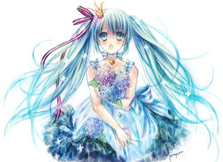 Rule 34 | 1girl, :o, bare shoulders, bell, blue eyes, blue hair, bouquet, choker, clothes grab, crown, dress, female focus, flower, frilled dress, frills, hatsune miku, hydrangea, matching hair/eyes, open mouth, plant, pony (artist), ribbon choker, signature, sleeveless, smile, solo, twintails, vocaloid, white background