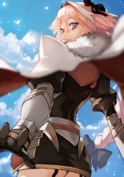Rule 34 | 1boy, armor, astolfo (fate), black bow, black ribbon, blurry, bow, braid, cape, cloud, commentary request, day, depth of field, fang, fate/apocrypha, fate (series), from behind, fur trim, garter straps, gauntlets, gold trim, hair intakes, hair ribbon, highres, long braid, long hair, looking at viewer, male focus, multicolored hair, outdoors, panties, pantyshot, pink hair, purple eyes, purple panties, ribbon, single braid, sky, solo, streaked hair, trap, underwear, very long hair, yoshio (55level)
