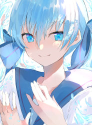 Rule 34 | 1girl, absurdres, blue bow, blue eyes, blue hair, blue sailor collar, bottle miku, bow, closed mouth, commentary, hair between eyes, hair bow, hands up, hatsune miku, highres, long hair, looking at viewer, poono, sailor collar, school uniform, serafuku, shirt, smile, solo, twintails, upper body, vocaloid, water, white background, white shirt
