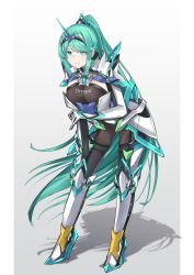 Rule 34 | 1girl, breasts, chest jewel, full body, green eyes, green hair, highres, large breasts, leaning forward, long hair, looking at viewer, pneuma (xenoblade), ponytail, sarasadou dan, smile, solo, spoilers, standing, swept bangs, very long hair, xenoblade chronicles (series), xenoblade chronicles 2