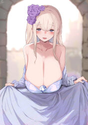 Rule 34 | bare shoulders, blonde hair, blue eyes, blurry, blurry background, blush, breasts, cleavage, collarbone, dress, flower, hair flower, hair ornament, highres, huge breasts, looking at viewer, open mouth, original, princess, sagging breasts, skirt hold, smile, solo, yuzuki himuka
