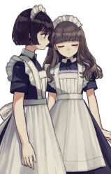 Rule 34 | 2girls, apron, black dress, black hair, brown hair, closed eyes, commentary, dress, expressionless, kashiwagi chisame, long hair, looking to the side, maid, maid apron, maid headdress, multiple girls, original, profile, short hair, short sleeves, simple background, standing, white apron, white background