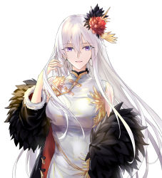 Rule 34 | 1girl, azur lane, black coat, china dress, chinese clothes, coat, dress, earrings, enterprise (azur lane), enterprise (blooming peony) (azur lane), flower, fur trim, hair between eyes, hair flower, hair ornament, highres, jewelry, long hair, looking at viewer, off shoulder, official alternate costume, purple eyes, silver hair, simple background, solo, suprii, upper body, white background