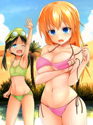 Rule 34 | 2girls, arm up, bikini, black hair, blue eyes, breasts, charlotte e. yeager, desert, francesca lucchini, goggles, goggles on head, green eyes, groin, hat, kuku123, large breasts, long hair, multiple girls, navel, one eye closed, orange hair, palm tree, pond, side-tie bikini bottom, standing, strike witches, swimsuit, tree, twintails, water, world witches series