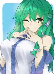 Rule 34 | 1girl, ;), bare shoulders, blue background, border, breasts, closed mouth, detached sleeves, frog hair ornament, green eyes, green hair, hair ornament, hair tubes, highres, kochiya sanae, large breasts, long hair, looking at viewer, nontraditional miko, one eye closed, own hands together, shirt, smile, snake hair ornament, solo, touhou, tyouseki, upper body, white border, white shirt, wide sleeves