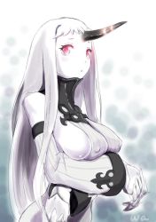 Rule 34 | 10s, 1girl, abyssal ship, breasts, dress, glowing, glowing eyes, horns, kantai collection, large breasts, long hair, looking at viewer, red eyes, ribbed dress, seaport princess, sideboob, single horn, solo, wa (genryusui), white hair