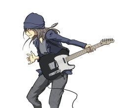 Rule 34 | 1girl, aged up, alternate costume, blue hat, blue jacket, brown eyes, brown hair, cable, electric guitar, girls und panzer, grey shirt, guitar, hat, highres, holding, holding instrument, instrument, jacket, long hair, mika (girls und panzer), pants, run the 9tails, shirt