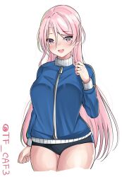 Rule 34 | 1girl, blue buruma, blush, breasts, buruma, cowboy shot, gym shirt, gym uniform, jacket, kantai collection, large breasts, long hair, long sleeves, looking at viewer, luigi di savoia duca degli abruzzi (kancolle), one-hour drawing challenge, open mouth, pink eyes, pink hair, shirt, simple background, smile, solo, tf cafe, track jacket, twitter username, white background, white shirt