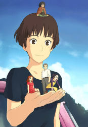 Rule 34 | 00s, 10s, 2boys, 3girls, arrietty, black shirt, blouse, brown eyes, brown hair, company connection, crossover, family, foreshortening, gake no ue no ponyo, giant, giantess, homily (arrietty), indian style, jas (littlecrime), karigurashi no arrietty, lisa (ponyo), mini person, miniboy, minigirl, multiple boys, multiple girls, on head, person on head, pod, revision, shirt, short hair, sitting, sitting on head, sitting on person, sky, smile, spiller, studio ghibli