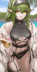 Rule 34 | 1girl, arknights, bare shoulders, bikini, black bikini, blue sky, breasts, cheogtanbyeong, cowboy shot, day, gavial (arknights), hair between eyes, highres, holding food, holding ice cream, ice cream, jacket, korean commentary, looking at viewer, medium breasts, off shoulder, official alternate costume, open clothes, open jacket, open mouth, outdoors, pointy ears, sketch background, sky, solo, swimsuit, teeth, thigh strap, underboob, unfinished, upper teeth only, water, white jacket, yellow eyes