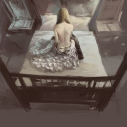Rule 34 | 1girl, back, bare back, bed, brown hair, dress, frills, from above, gathers, highres, long hair, nyanpe, original, solo, thighhighs