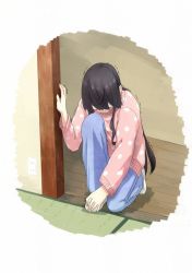 Rule 34 | 1girl, alternate costume, amefurashi, black hair, casual, commentary request, electrical outlet, electrical outlet, indoors, kantai collection, long hair, long sleeves, on one knee, ooyodo (kancolle), polka dot, polka dot sweater, solo, sweater, trembling, white background
