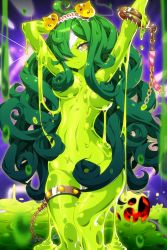Rule 34 | 1girl, ahoge, armlet, arms up, ball, breasts, chain, colored skin, comiccho, dripping, frown, full body, green hair, green skin, hair censor, hair over one eye, head bandage, highres, long hair, looking at viewer, medium breasts, monster girl, navel, slime (substance), slime girl, soccer spirits, standing, thighlet, very long hair, yellow eyes