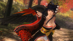 Rule 34 | 1girl, 3d, bare shoulders, black hair, breasts, cleavage, dead or alive, dead or alive 5, forest, large breasts, nature, nyotengu, official art, purple eyes, screencap, solo, tecmo