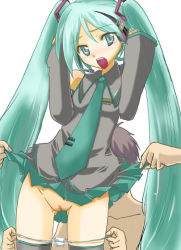 Rule 34 | 1girl, aqua hair, artist request, assisted exposure, blush, clothes lift, hatsune miku, hetero, imminent rape, long hair, necktie, no panties, panties, panty pull, pussy, skirt, skirt lift, solo focus, tears, thighhighs, twintails, underwear, uniform, very long hair, vocaloid, vocaloid2, you gonna get raped