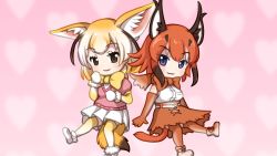 Rule 34 | 10s, 2girls, animal ears, bad id, bad nicoseiga id, belt, blonde hair, blue eyes, bow, bowtie, brown eyes, brown gloves, brown hair, brown legwear, brown skirt, caracal (kemono friends), elbow gloves, extra ears, fennec (kemono friends), fox ears, fur trim, gloves, heart, high-waist skirt, kemono friends, looking at viewer, multicolored hair, multiple girls, parody, pink background, pink sweater, pleated skirt, shirt, short-sleeved sweater, short sleeves, skirt, sleeveless, sleeveless shirt, smile, sweater, tail, thighhighs, vostok (vostok061), white hair, white skirt, yellow neckwear