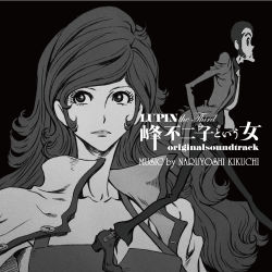 Rule 34 | 1boy, 1girl, album cover, arsene lupin iii, black background, cover, eyelashes, formal, greyscale, highres, lipstick, long hair, lupin iii, lupin the third: mine fujiko to iu onna, makeup, mine fujiko, monochrome, necktie, official art, simple background, suit, tms entertainment, walking, wavy hair