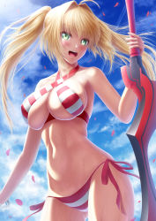 Rule 34 | 1girl, aestus estus, ahoge, bikini, blonde hair, blue sky, blush, breasts, cleavage, cloud, commentary request, day, fate/grand order, fate (series), green eyes, hair intakes, halterneck, highres, large breasts, long hair, looking at viewer, masatoki, navel, nero claudius (fate), nero claudius (fate) (all), nero claudius (swimsuit caster) (fate), open mouth, petals, side-tie bikini bottom, sky, smile, solo, striped bikini, striped clothes, swimsuit, sword, twintails, weapon, wet