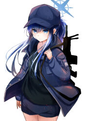 Rule 34 | 1girl, absurdres, alternate hairstyle, baseball cap, black shirt, blue archive, blue eyes, blue hair, blue headwear, blue jacket, closed mouth, commentary request, cowboy shot, edwaadow, gun, gun on back, hair between eyes, halo, hat, highres, hood, hooded jacket, jacket, long hair, long sleeves, open clothes, open jacket, pony (animal), saori (blue archive), shirt, simple background, weapon, weapon on back, white background