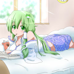 Rule 34 | 1girl, :3, arm support, bad id, bad pixiv id, bare shoulders, bed, bedroom, breasts, cleavage, comic, detached sleeves, female focus, food, frog, frog hair ornament, fueiku, green eyes, green hair, hair ornament, indoors, kochiya sanae, large breasts, long hair, looking at viewer, lying, manga (object), matching hair/eyes, mouth hold, on stomach, pocky, snake, solo, touhou