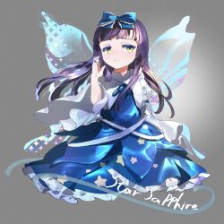 Rule 34 | 1girl, black hair, blue bow, blue dress, blue ribbon, blush, bow, chamaruk, character name, closed mouth, dress, fairy, fairy wings, frilled dress, frills, hair bow, highres, long hair, long sleeves, ribbon, simple background, solo, star (symbol), star print, star sapphire, touhou, white background, wide sleeves, wings, yellow eyes