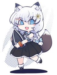 Rule 34 | 1girl, :d, animal ear fluff, animal ears, black footwear, black skirt, blue bow, blue eyes, bow, braid, chahan (fried rice0614), commission, fang, flower, hair bow, hair flower, hair ornament, hairclip, highres, holding, looking at viewer, open mouth, original, polka dot, polka dot background, puffy short sleeves, puffy sleeves, shirt, short hair, short sleeves, skeb commission, skirt, smile, solo, standing, standing on one leg, tail, virtual youtuber, white background, white hair, white legwear, white shirt