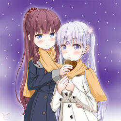 Rule 34 | 2girls, absurdres, blue coat, blue eyes, blunt bangs, blush, brown hair, coat, commentary request, duplicate, feeding, grey hair, hair ornament, hair scrunchie, hand on another&#039;s hip, happy valentine, heart, high ponytail, highres, long hair, multiple girls, new game!, open mouth, orange scarf, ponytail, purple eyes, purple hair, red scrunchie, revision, sainohikari, scarf, scrunchie, shared clothes, shared scarf, simple background, smile, standing, suzukaze aoba, takimoto hifumi, twintails, valentine, very long hair, white background, white coat, winter clothes, winter coat, yellow scarf, yuri