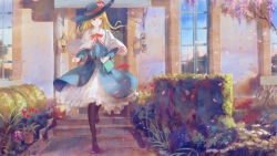 Rule 34 | 1girl, alice margatroid, alternate hair length, alternate hairstyle, bag, black pantyhose, blonde hair, blue coat, blue eyes, blue hat, bow, bowtie, branch, capelet, cherry blossoms, coat, day, door, dress, expressionless, flower, frills, handbag, hat, hat ribbon, hedge, highres, house, jq, lamp, long hair, looking to the side, outdoors, pantyhose, petals, plant, potted plant, red bow, red bowtie, red flower, red footwear, red ribbon, ribbon, shoes, skirt, solo, standing, standing on one leg, touhou, veranda, walking, white skirt, wind, window, wisteria