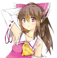 Rule 34 | 1girl, arm behind head, armpits, ascot, bad id, bad pixiv id, bare shoulders, blush, bow, brown hair, detached sleeves, dress, female focus, hair bow, hair tubes, hakurei reimu, japanese clothes, lips, miko, pink dress, pink eyes, ponytail, shikinyan, smile, solo, strapless, strapless dress, touhou, upper body