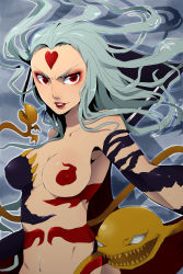 Rule 34 | 1990s (style), 1girl, bare shoulders, breasts, cleavage, cloud of darkness, dissidia final fantasy, female focus, final fantasy, final fantasy iii, grey hair, hattori masaki, highres, long hair, midriff, navel, pasties, red eyes, smirk, solo