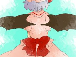 Rule 34 | 1girl, bad id, bad pixiv id, bow, comic, dress, female focus, from behind, gradient background, hammer (sunset beach), hat, large bow, light purple hair, remilia scarlet, short hair, silent comic, solo, touhou, wings