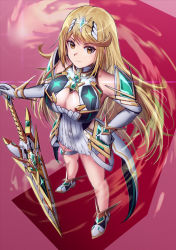 Rule 34 | absurdres, aegis sword (xenoblade), bare legs, bare shoulders, blonde hair, breasts, chest jewel, cleavage, cleavage cutout, clothing cutout, dress, earrings, elbow gloves, gem, gloves, headpiece, highres, jewelry, large breasts, long hair, mythra (xenoblade), origami yakko, short dress, solo, swept bangs, thigh strap, tiara, very long hair, white dress, white footwear, white gloves, xenoblade chronicles (series), xenoblade chronicles 2, yellow eyes