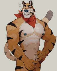 Rule 34 | 1boy, absurdres, animal ears, bara, covering privates, covering crotch, flying sweatdrops, furry, furry male, grin, hand on own hip, highres, jewelry, k0bit0wani, kellogg&#039;s, looking at viewer, male focus, muscular, muscular male, navel, nipples, ring, short hair, smile, solo, sweatdrop, tail, teeth, tiger boy, tiger ears, tiger tail, tony the tiger