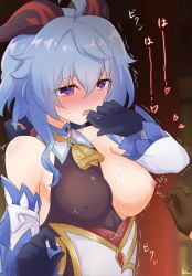 aether_(genshin_impact) ahoge bare_shoulders bell black_gloves blue_hair blush bow bowtie breasts clothes_pull covered_erect_nipples detached_sleeves full-face_blush ganyu_(genshin_impact) genshin_impact gloves gold_trim hand_to_own_mouth heart heart-shaped_pupils horns kimukimu looking_at_another looking_to_the_side medium_breasts neck_bell nipples one_breast_out open_mouth purple_eyes sidelocks symbol-shaped_pupils trembling white_sleeves