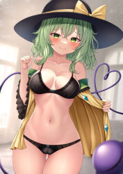 Rule 34 | 1girl, bikini, black bikini, black hat, blush, bow, breasts, cameltoe, cleavage, cleft of venus, closed mouth, commentary request, cowboy shot, green eyes, green hair, hat, hat bow, heart, heart of string, highres, indoors, komeiji koishi, large breasts, looking at viewer, medium hair, navel, open clothes, open shirt, partial commentary, reijing etrn, shirt, smile, solo, swimsuit, third eye, touhou, yellow bow, yellow shirt
