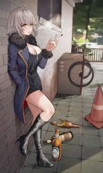 Rule 34 | 1girl, ahoge, bad id, bad pixiv id, black dress, black footwear, blue jacket, boots, breasts, broken bottle, cigarette, cleavage, commentary request, cone, dress, fate/grand order, fate (series), fur collar, grey hair, hair between eyes, high heel boots, high heels, highres, holding, jacket, jeanne d&#039;arc (fate), jeanne d&#039;arc alter (fate), jeanne d&#039;arc alter (ver. shinjuku 1999) (fate), large breasts, official alternate costume, outdoors, short hair, solo, standing, suou-sensei, yellow eyes